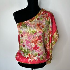 Cache Vibrant‎ Floral One-Shoulder Blouse Medium Satin